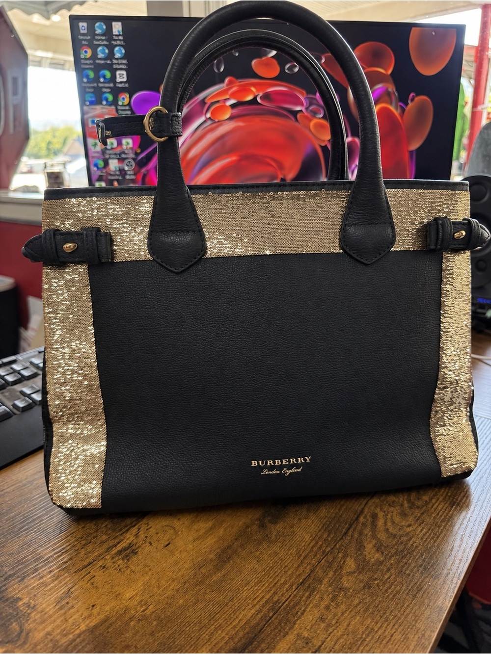 Burberry Black Leather Satchel with Gold Sequin Trim